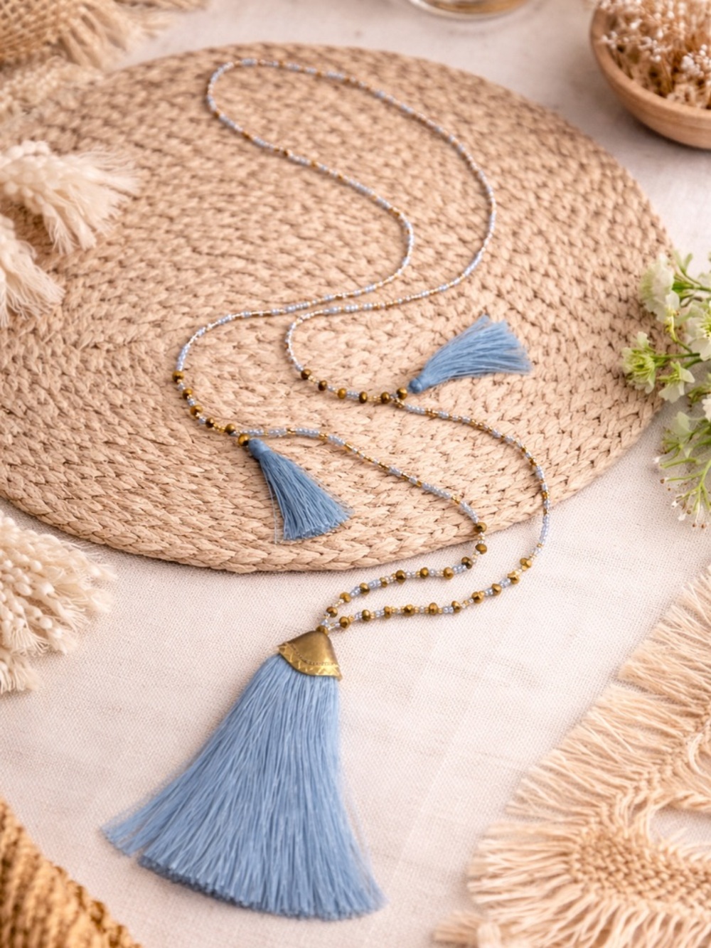 New Handmade Elegant Light Blue and Gold Long Tassel Necklace